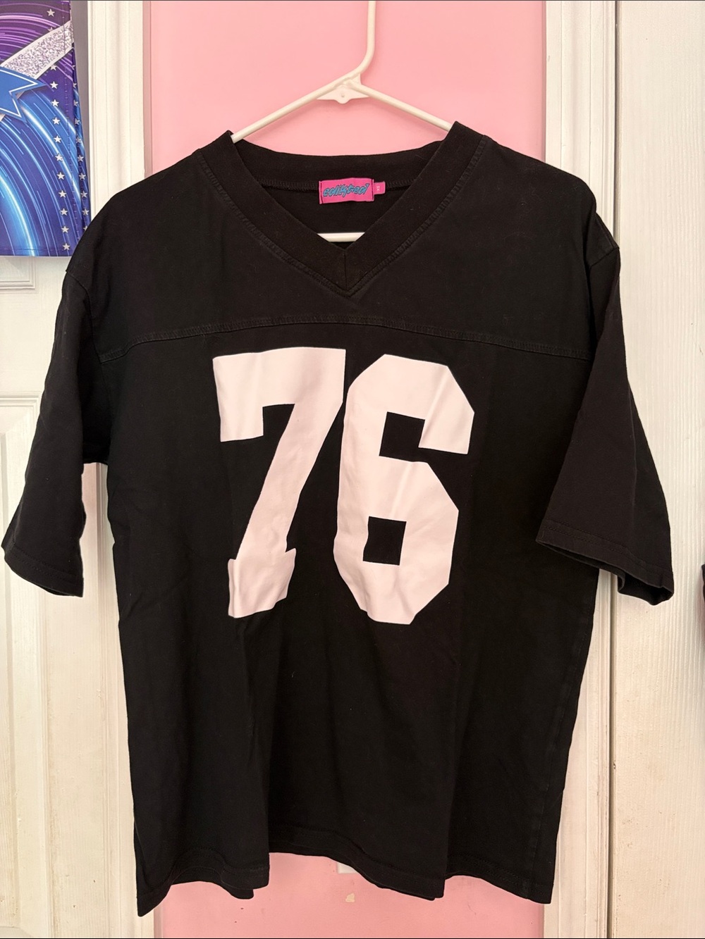 Edikted Black V-Neck Football Tee with White 76 Print